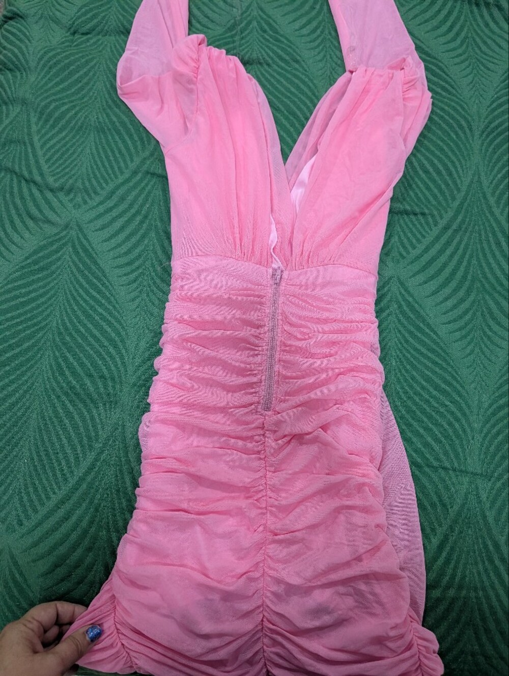 Pink Ruched Long-Sleeve Mesh Dress - Picture 4 of 4